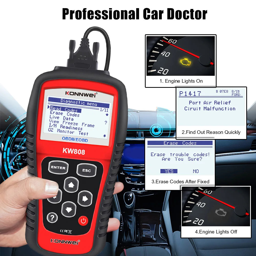 Professional Factory KONNWEI KW808 Universal Car OBD Scanner ECU EOBD Diagnostic Machine with CE FCC ROHS